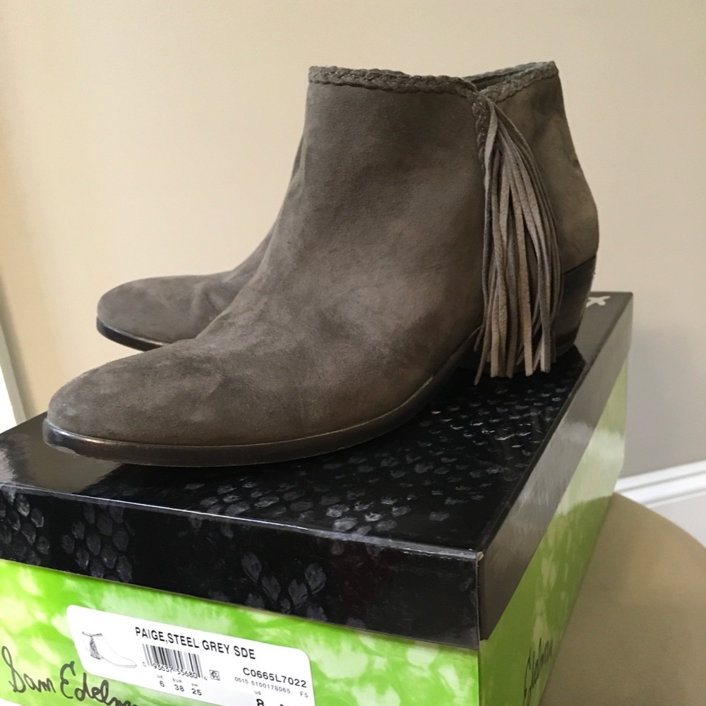 Sam Edelman grey fringed bootie
